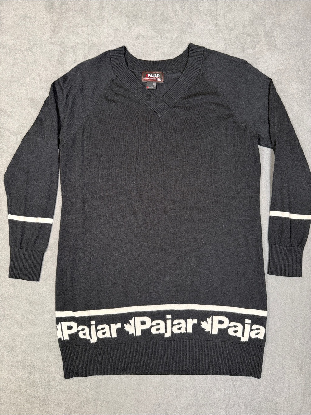 Pajar Black V-Neck Sweater with White Logo Hem and Stripe